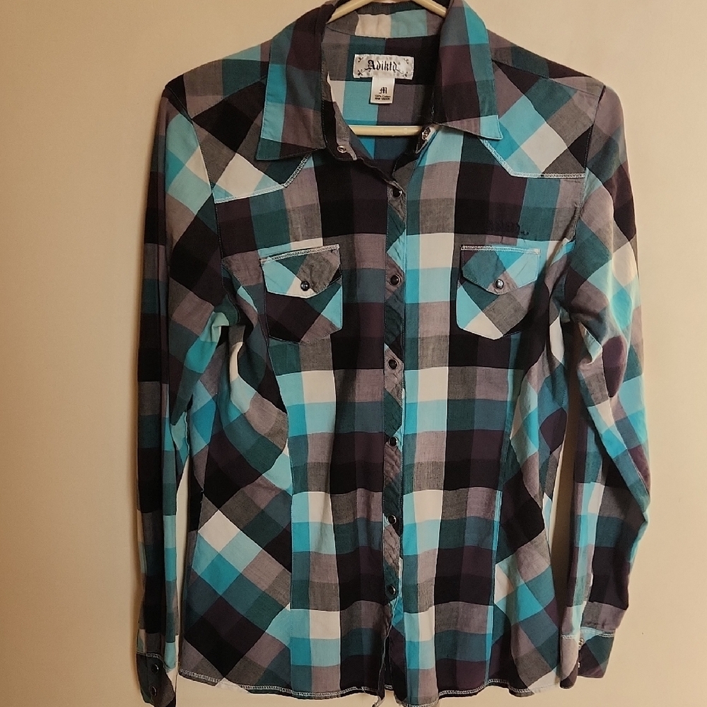 Plaid Button-Up Shirt in Blue and Black